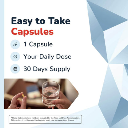 Easy to take CinnaChroma capsules for daily dose, 30-day supply, featuring a hand holding a glass.