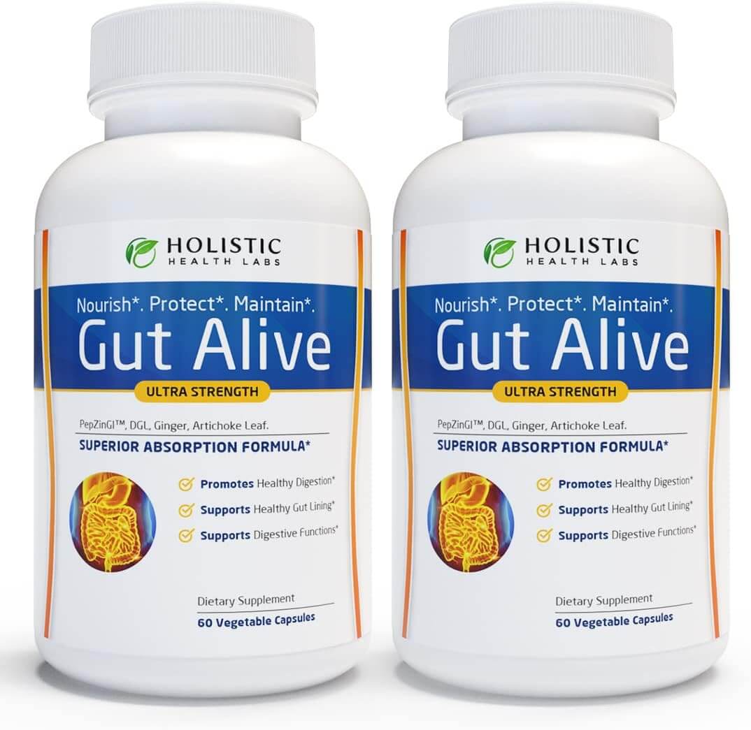 Gut Alive Ultra Strength Digestive Support Supplement by Holistic Health Labs - 60 Vegetable Capsules with PepZinGI™.