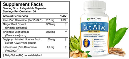Gut Alive supplement bottle by Holistic Health Labs with ingredients list, featuring PepZinGI™, DGL, ginger root, and artichoke leaf extract.