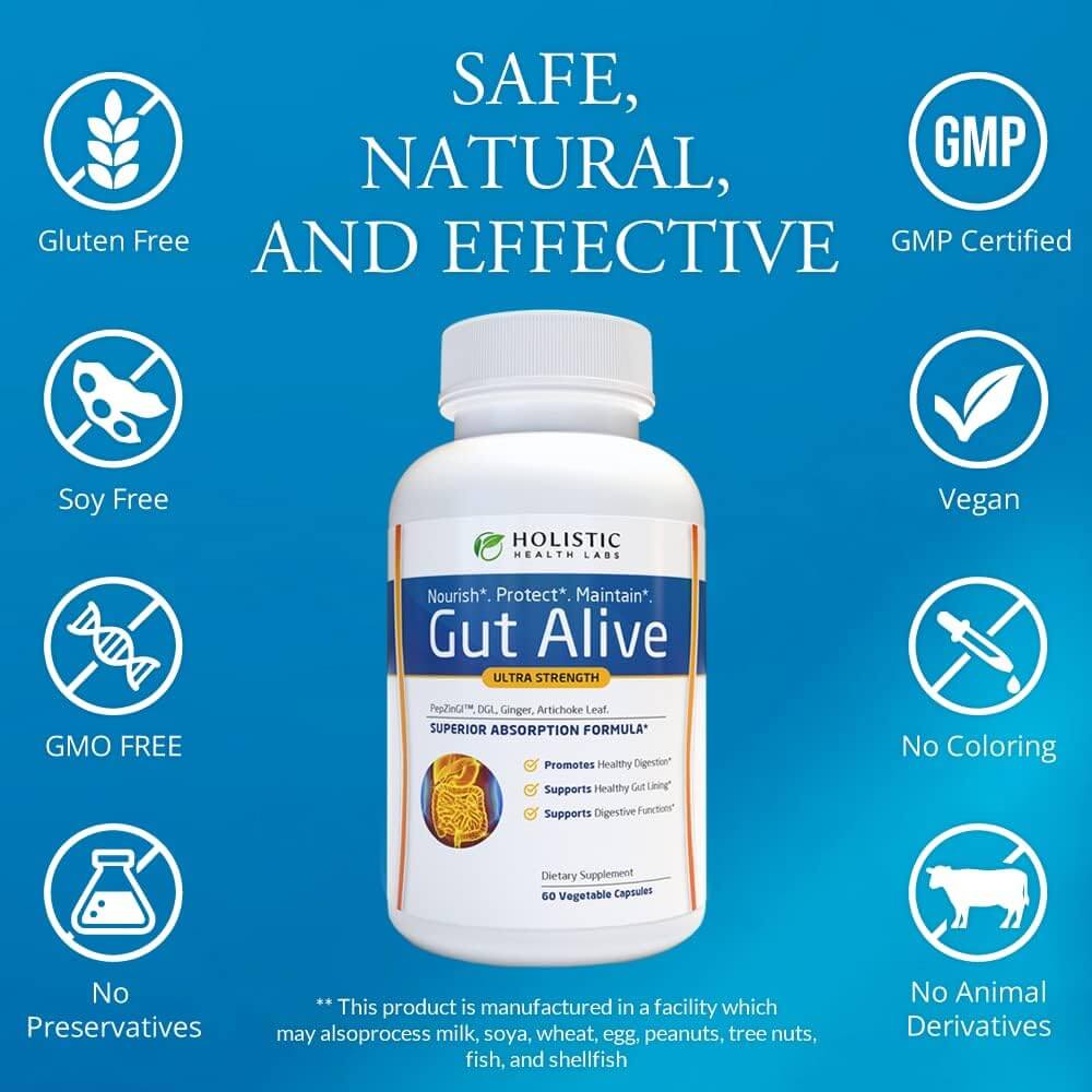 Gut Alive supplement bottle by Holistic Health Labs with features: gluten-free, GMO-free, vegan, GMP certified, soy-free, no preservatives