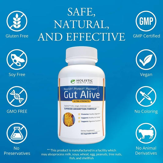 Gut Alive supplement bottle by Holistic Health Labs with features: gluten-free, GMO-free, vegan, GMP certified, soy-free, no preservatives