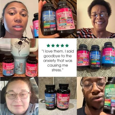 Collage of people with supplement bottles and a mug, with text about using supplements for anxiety relief.