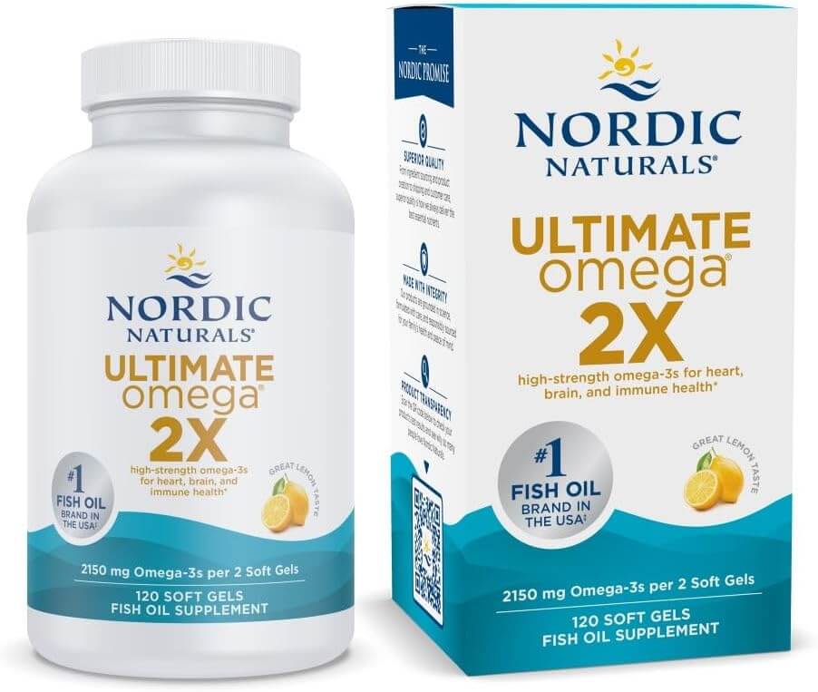 Nordic Naturals Ultimate Omega 2X fish oil bottle and box, 120 lemon-flavored soft gels, high-potency omega-3 with EPA & DHA