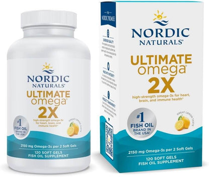 Nordic Naturals Ultimate Omega 2X fish oil bottle and box, 120 lemon-flavored soft gels, high-potency omega-3 with EPA & DHA