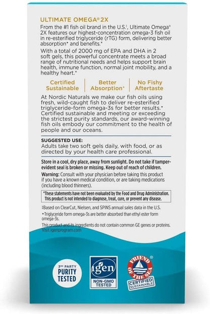 Back view of Nordic Naturals Ultimate Omega 2X fish oil box detailing product benefits and certifications on white background.