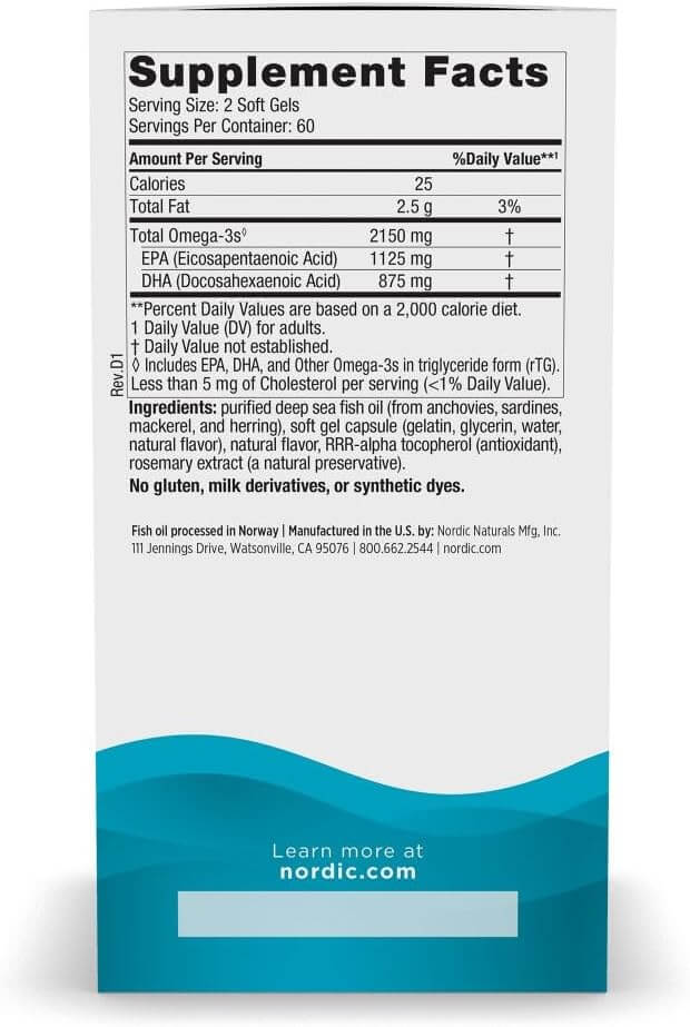 Supplement facts of Nordic Naturals Ultimate Omega 2X, showing omega-3 content and ingredients, no gluten, milk derivatives, or dyes.