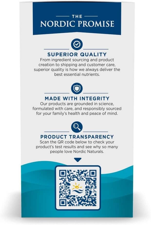 Nordic Naturals' promise of superior quality, integrity, and transparency with QR code for product information.