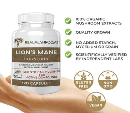Real Mushrooms Organic Lion’s Mane Mushroom Capsules – 120 Count