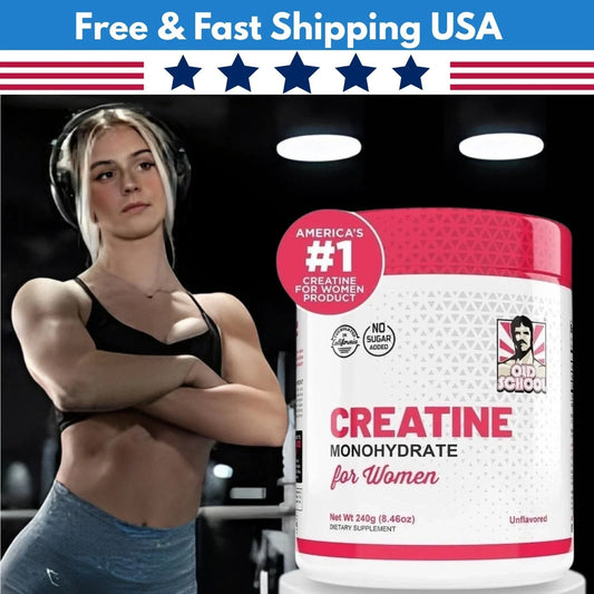 Creatine monohydrate supplement container shown next to a fit woman in a gym setting, with a blue banner at the top reading 'Free & Fast Shipping USA'.